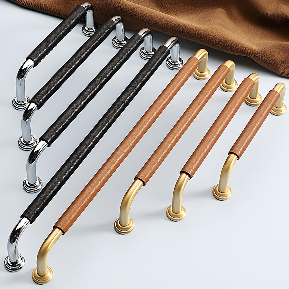 French Elegant Cowhide and Brass Cabinet Door Handle