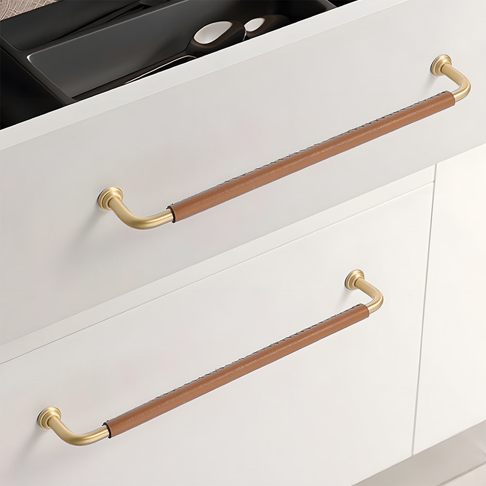 French Elegant Cowhide and Brass Cabinet Door Handle