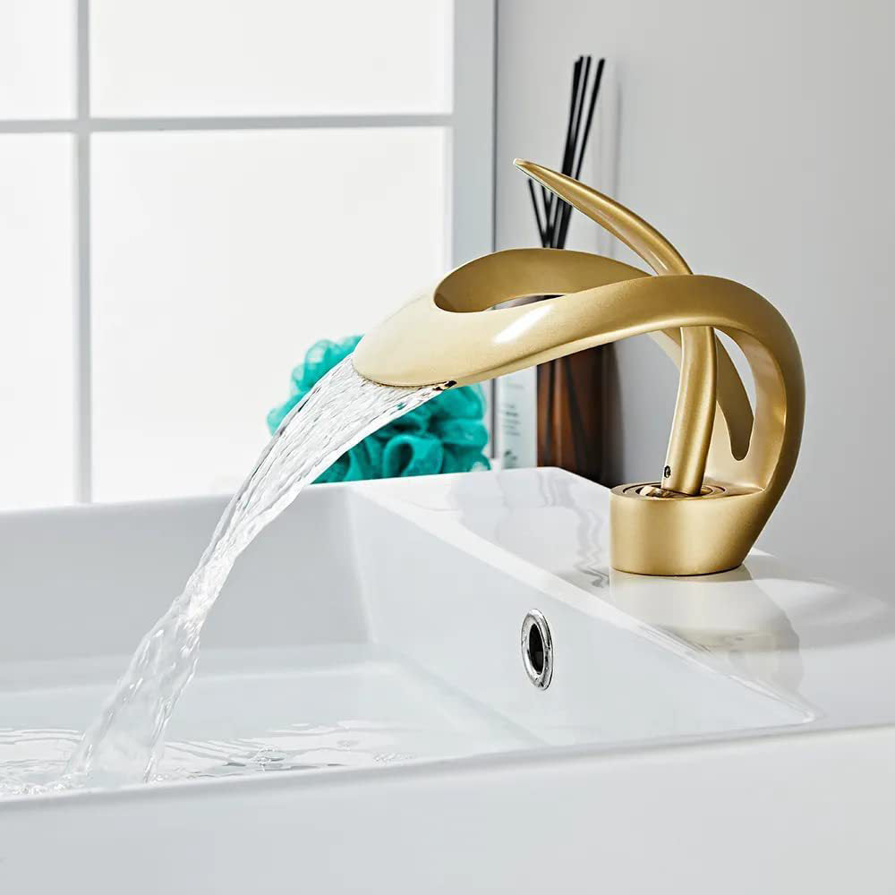 GoldenwarmUK Faucet Single Handle Brass Gold Waterfall Bathroom Sink Taps