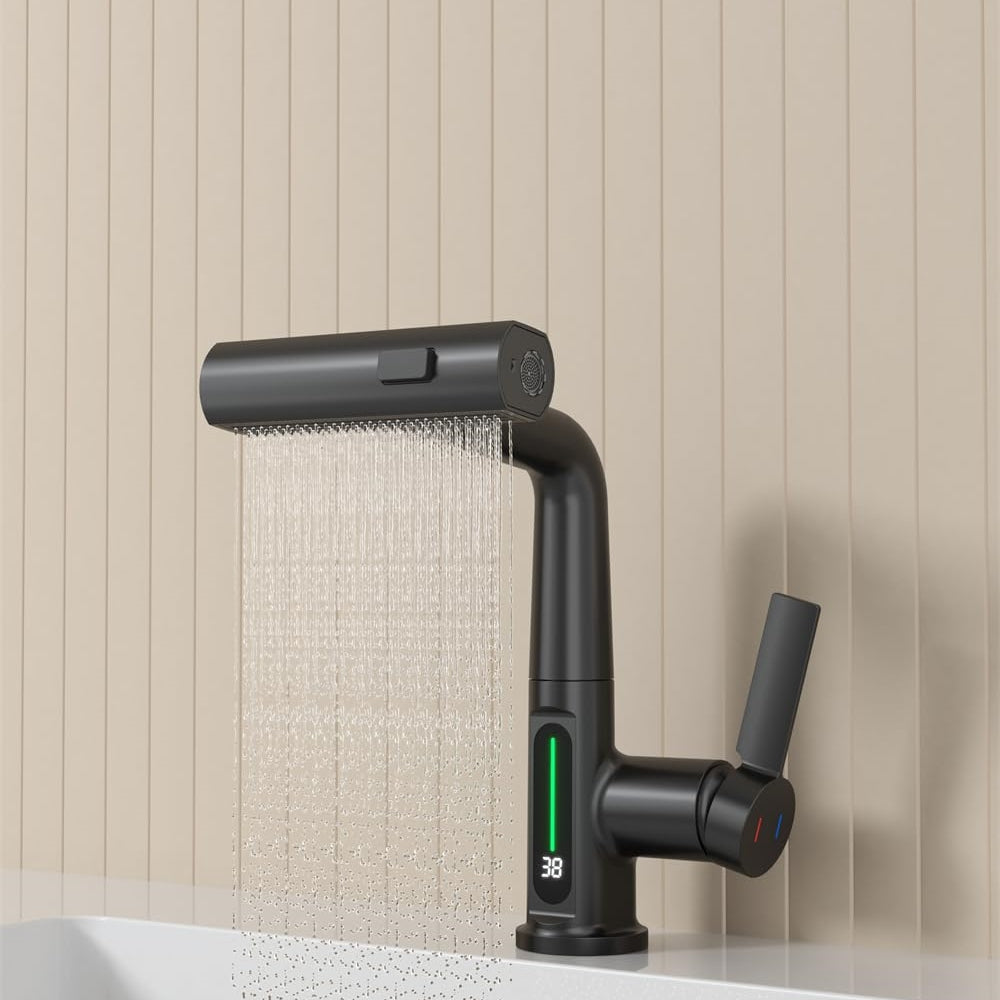 Digital Single Hole Brass Hot and Cold Basin Tap_Black