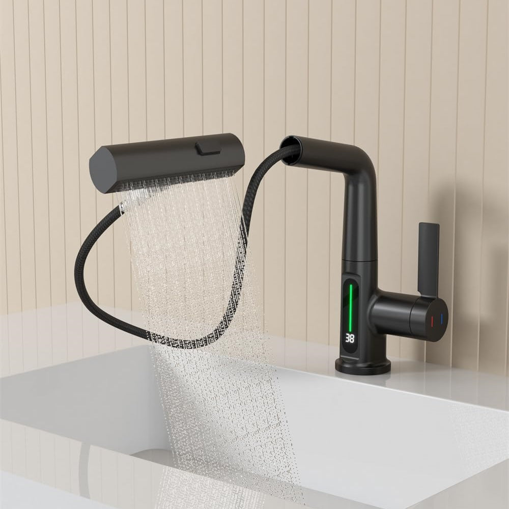 Digital Single Hole Brass Hot and Cold Basin Tap_Black