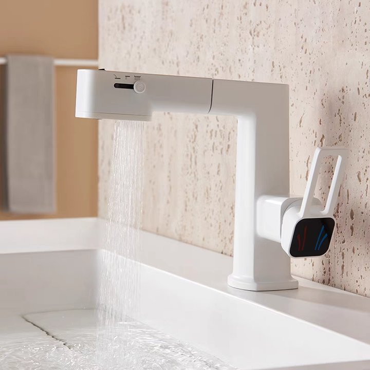 360° Rotation Liftable Bathroom Tap with LED Digital Display_White