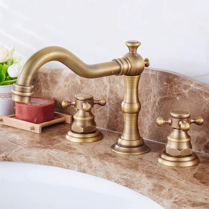 Brass Dual Cross Handles 3 Hole Basin Tap_Bronze