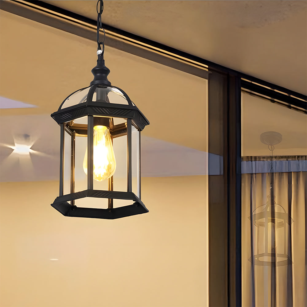 Vintage IP65 Lantern Exterior Hanging Ceiling Light Fixture with Glass Shade
