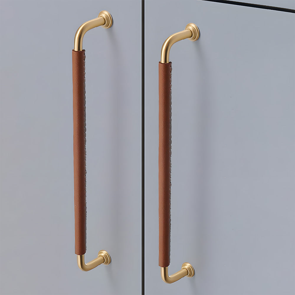 French Elegant Cowhide and Brass Cabinet Door Handle