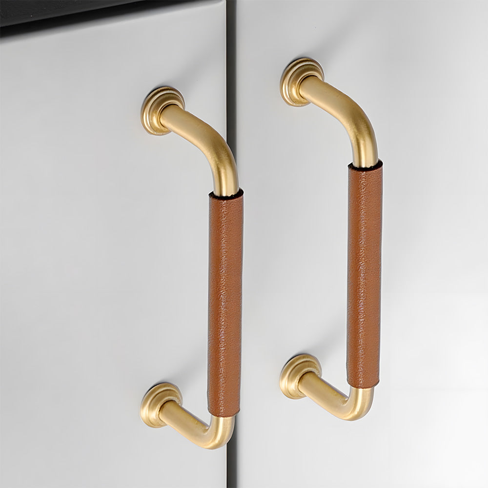French Elegant Cowhide and Brass Cabinet Door Handle