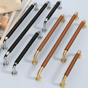 French Elegant Cowhide and Brass Cabinet Door Handle