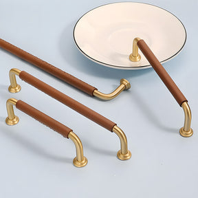 French Elegant Cowhide and Brass Cabinet Door Handle