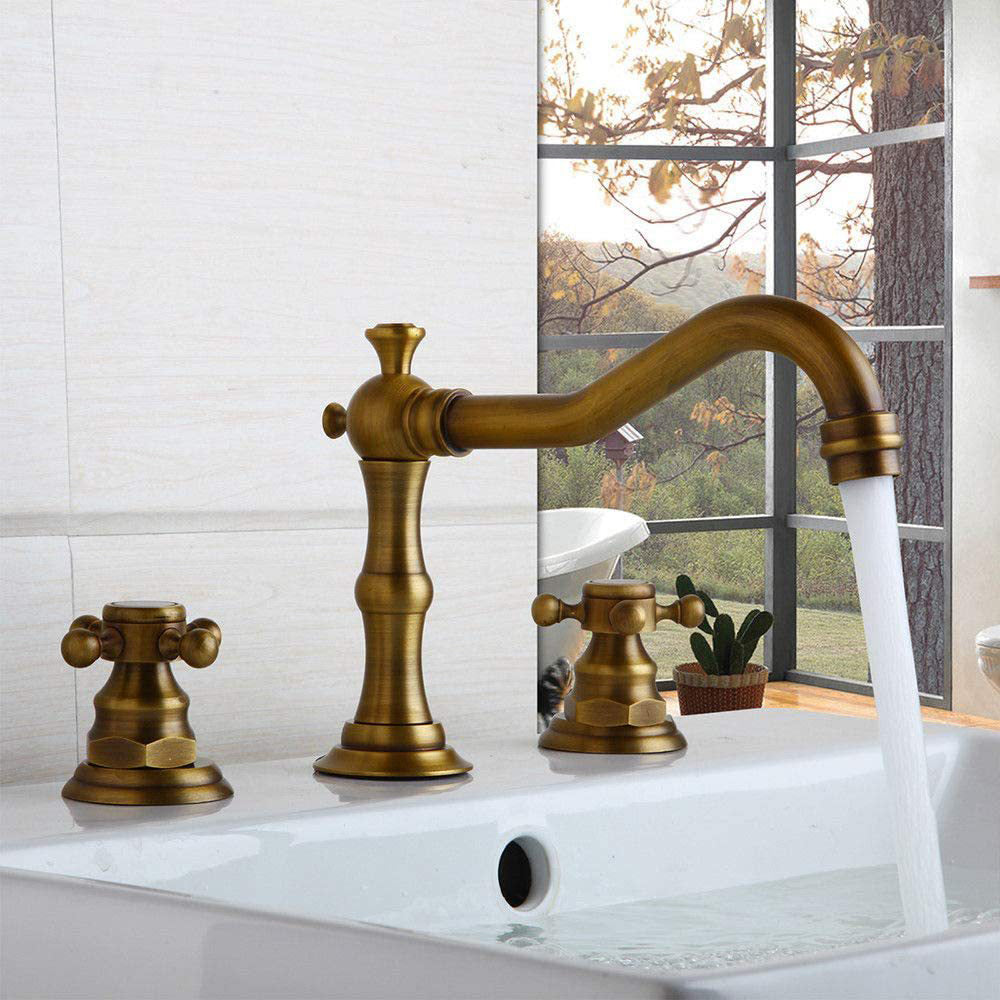 Brass Dual Cross Handles 3 Hole Basin Tap_Bronze