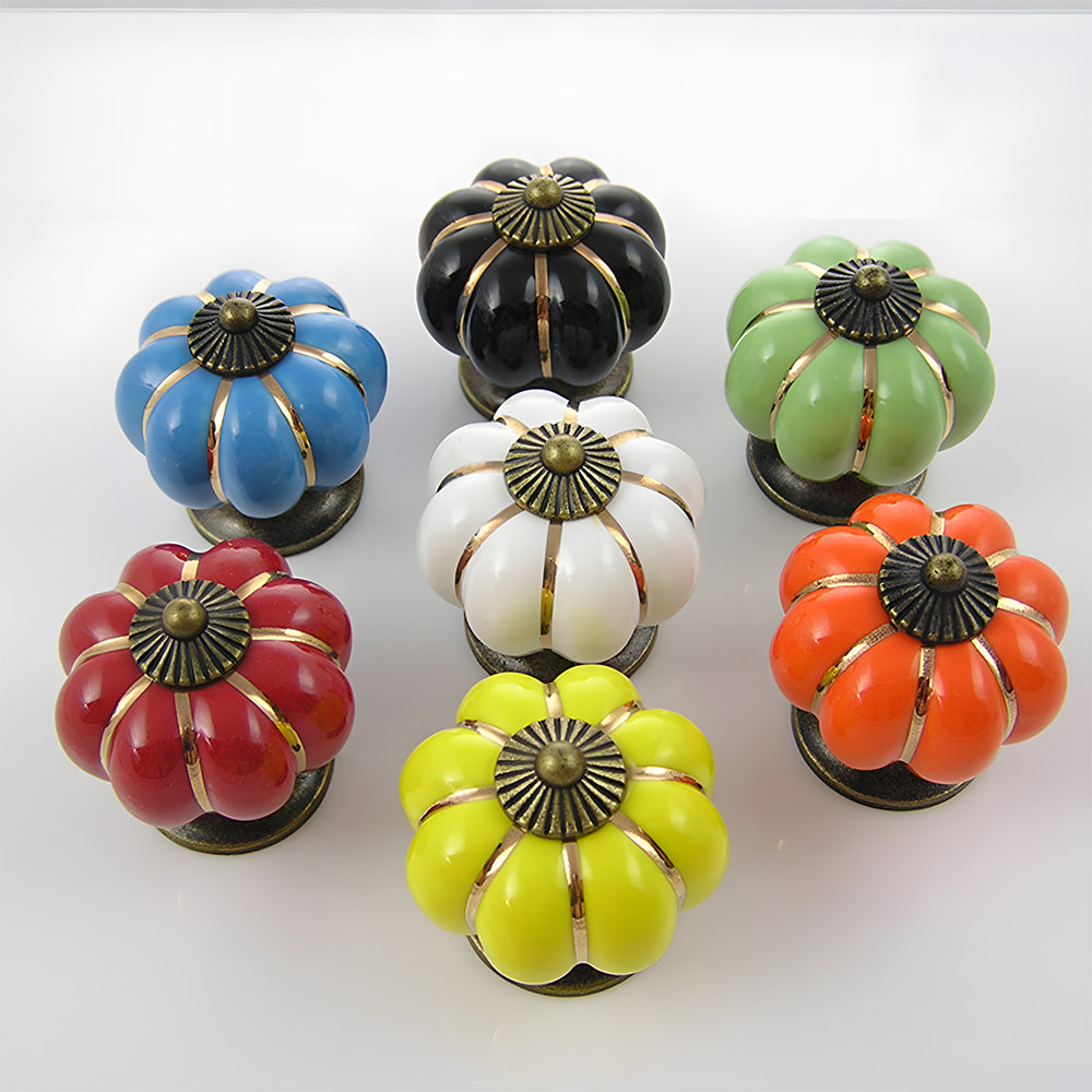 Vintage Pumpkin Ceramic & Zinc Alloy Drawer Handles with Leaf Backplate