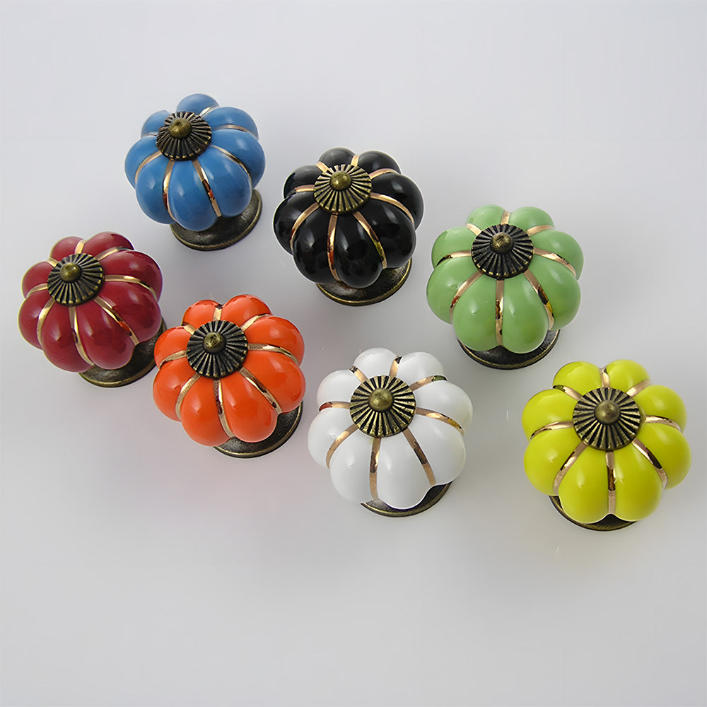 Vintage Pumpkin Ceramic & Zinc Alloy Drawer Handles with Leaf Backplate