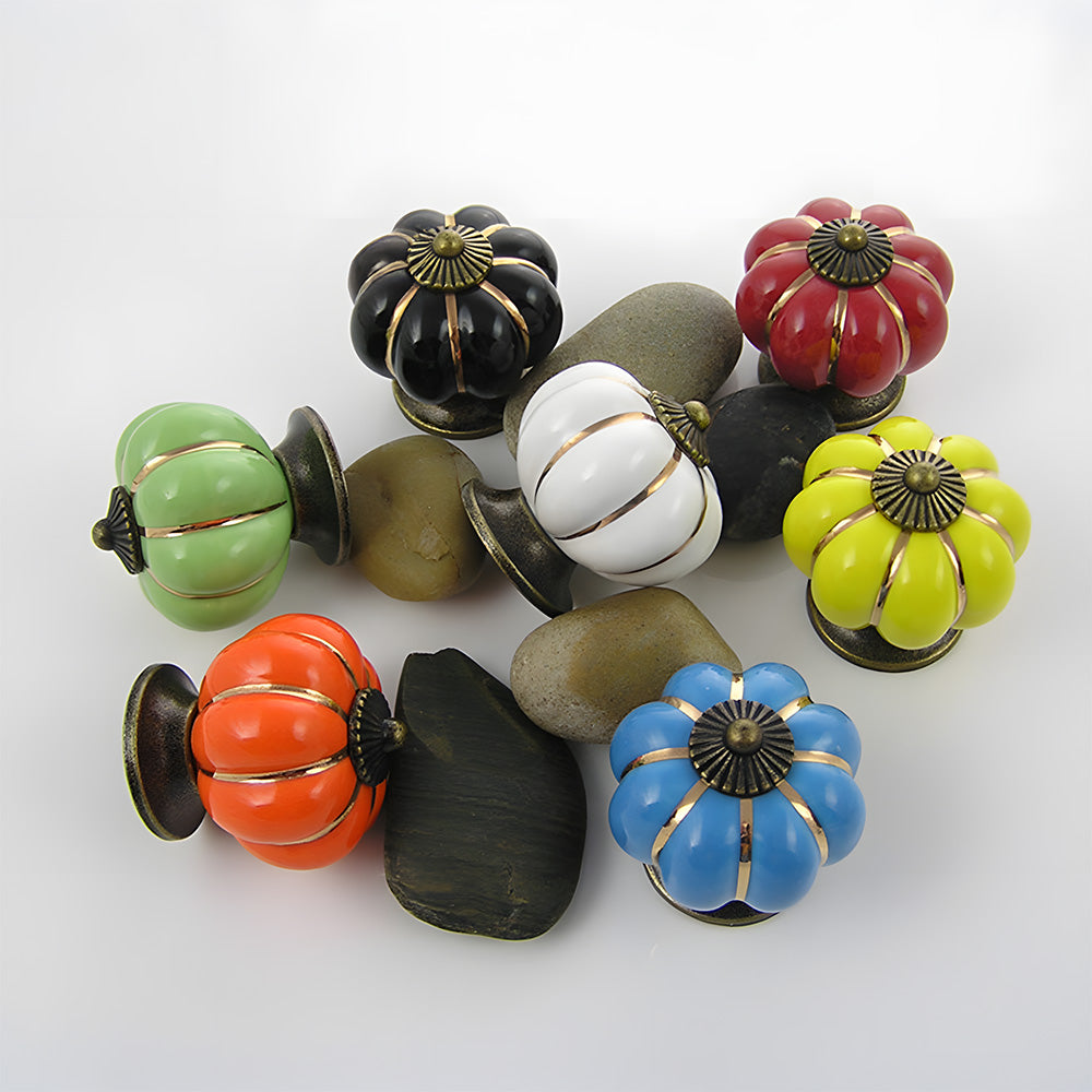 Vintage Pumpkin Ceramic & Zinc Alloy Drawer Handles with Leaf Backplate