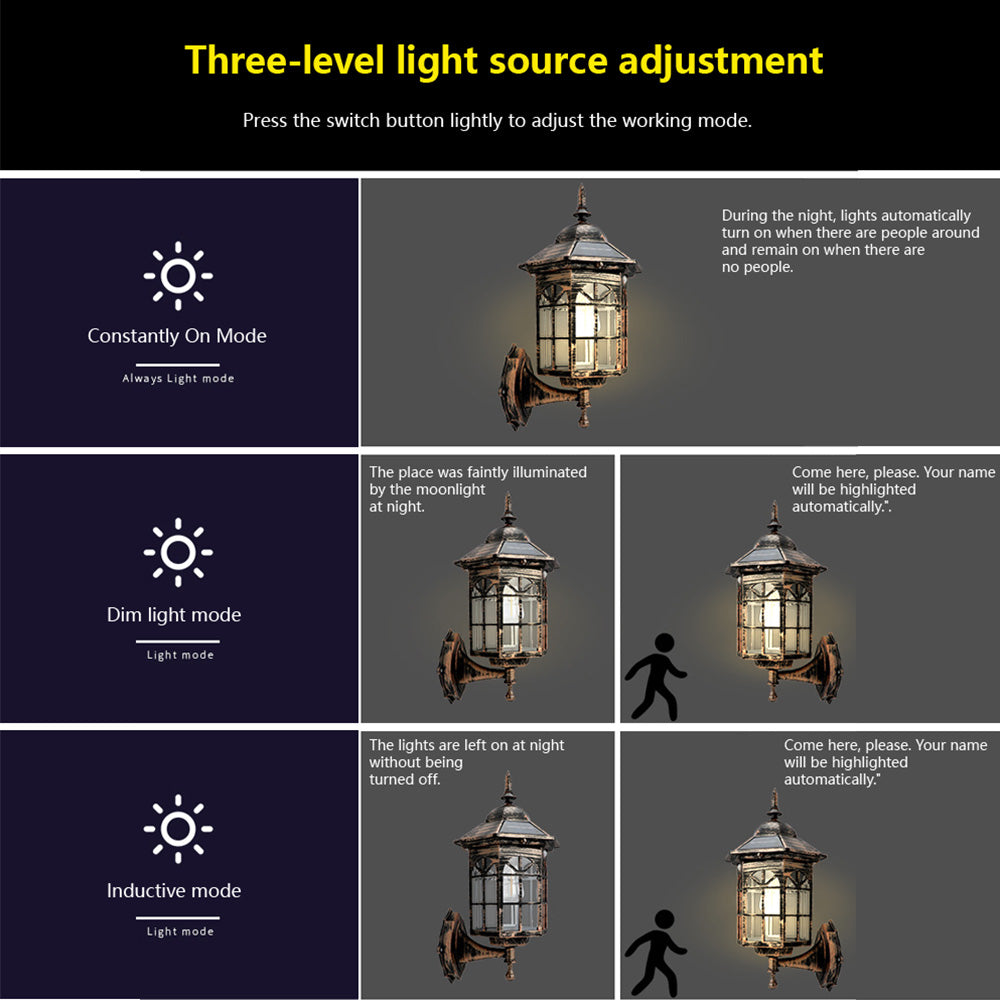 IP44 Vintage 3 Mode Sensor Solar Wall Lamp for Patio Garden Decor