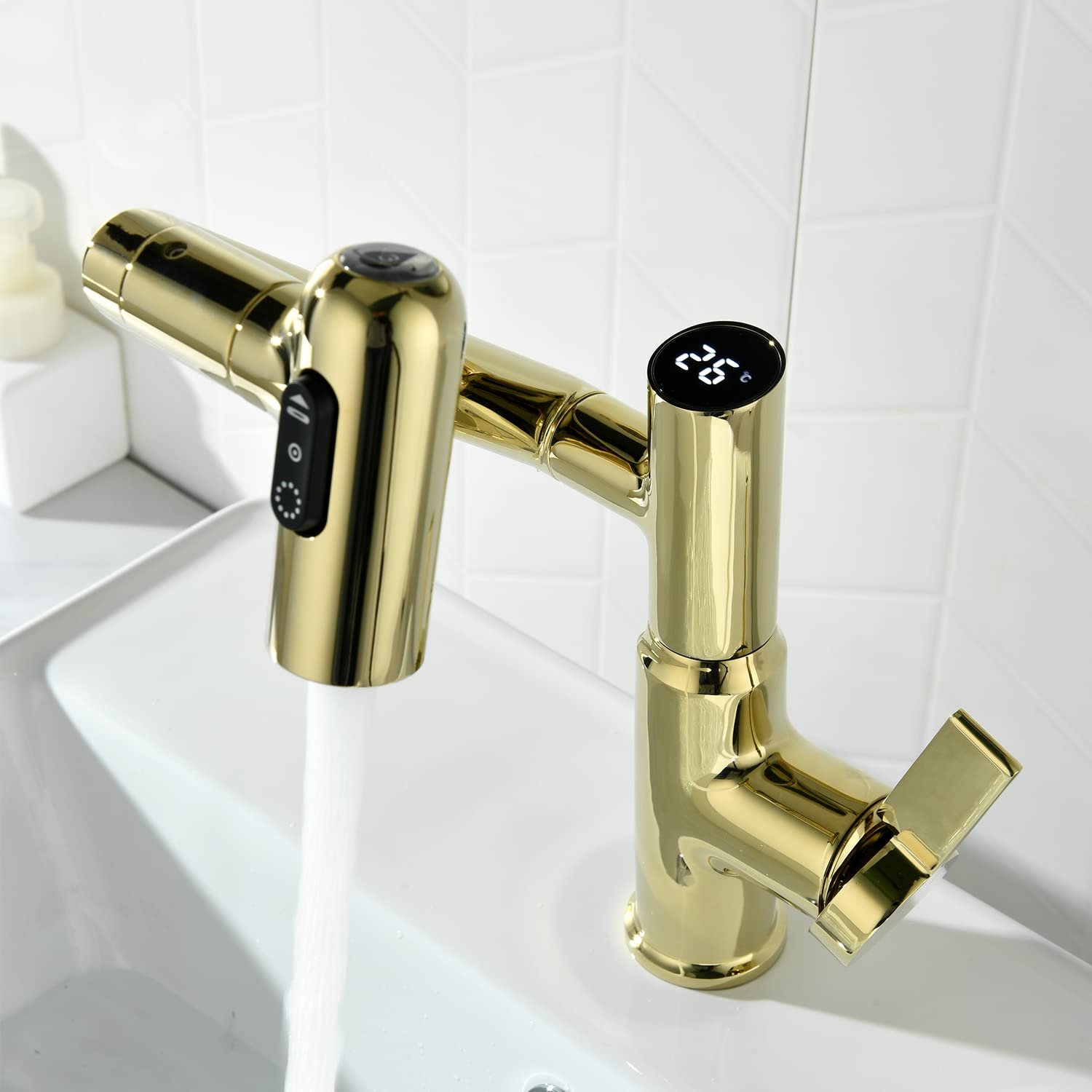 Bath Taps Temperature Display Single-Hole Brass Gold Sink Tap|GoldenwarmUK