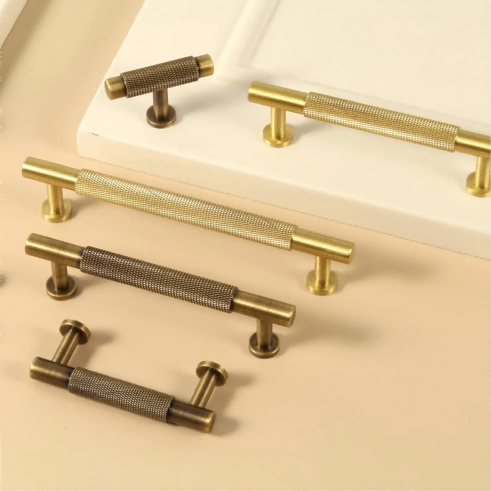 Modern Brass Knurled Handles for Kitchen Cabinets