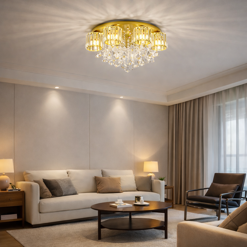 Modern Multi Light Crystal Semi Flush Ceiling Light