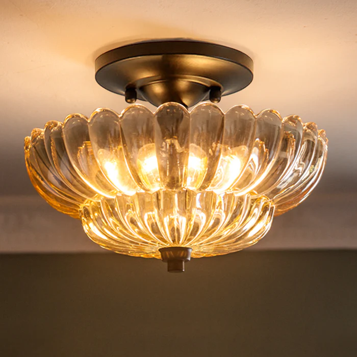 Vintage Amber Glass Semi-Flush Ceiling Light