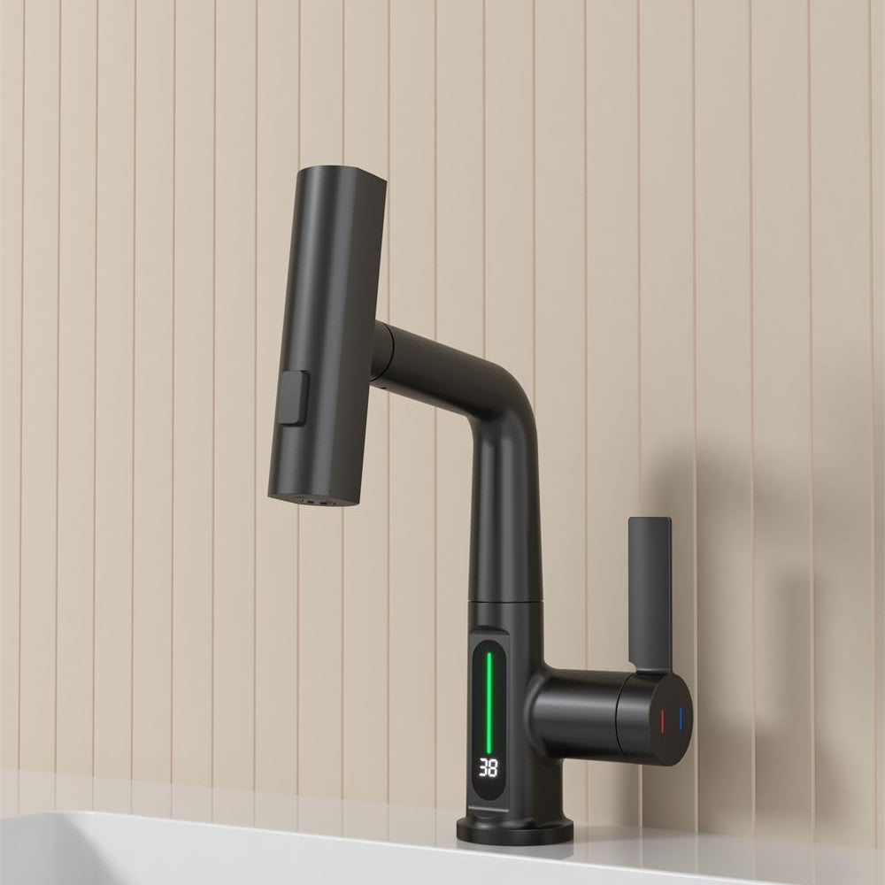 Digital Single Hole Brass Hot and Cold Basin Tap_Black