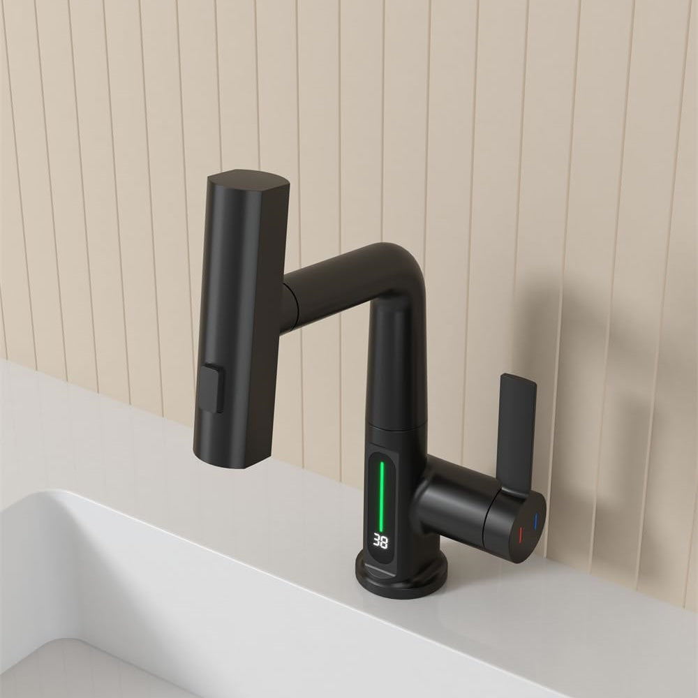 Digital Single Hole Brass Hot and Cold Basin Tap_Black