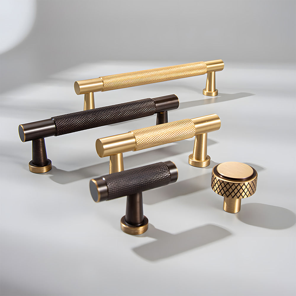Modern Knurled Solid Brass T-Bar Cabinet Handles