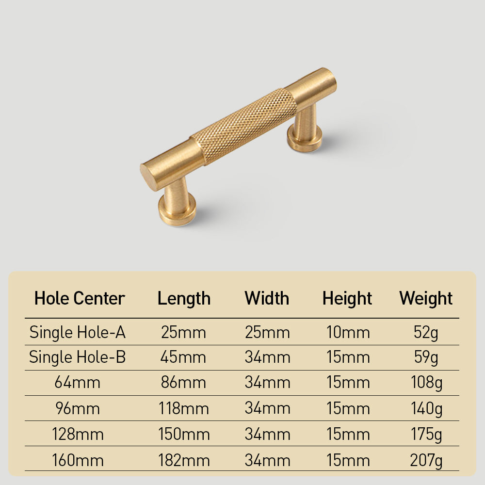 Modern Knurled Solid Brass T-Bar Cabinet Handles
