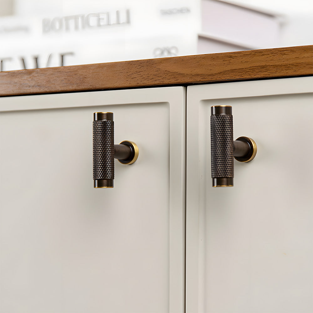 Modern Knurled Solid Brass T-Bar Cabinet Handles