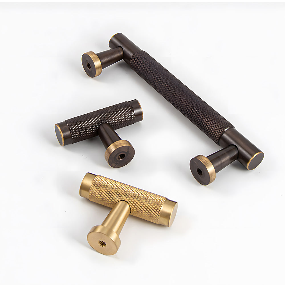 Modern Knurled Solid Brass T-Bar Cabinet Handles