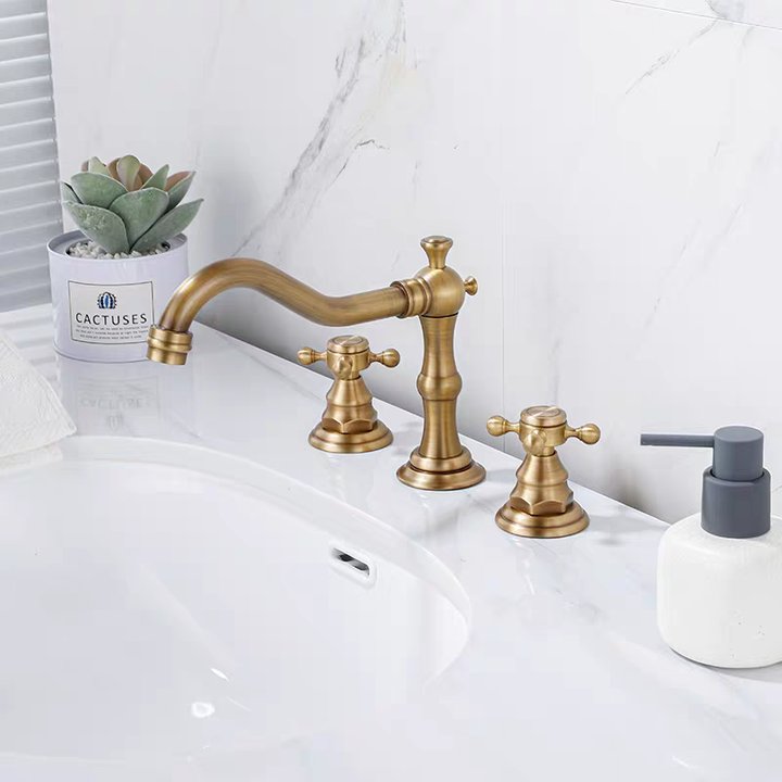 Brass Dual Cross Handles 3 Hole Basin Tap_Bronze