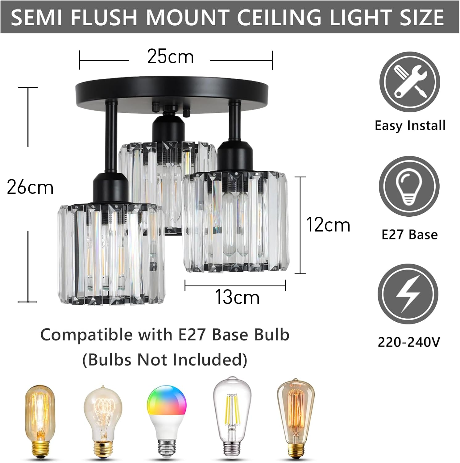 Modern Crystal Semi Flush Rounded Bedroom Ceiling Lights