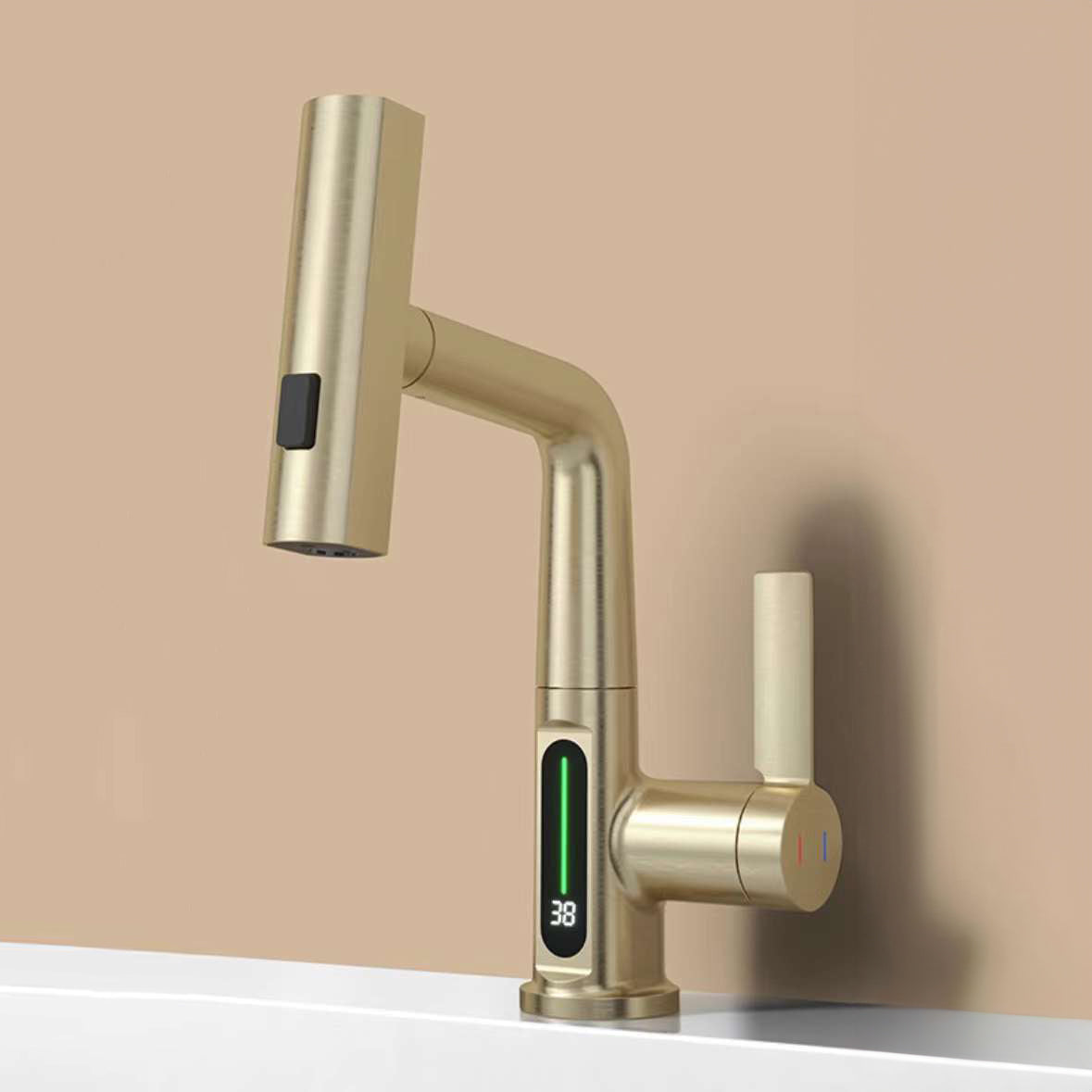 Digital Single Hole Brass Hot and Cold Basin Tap_Gold