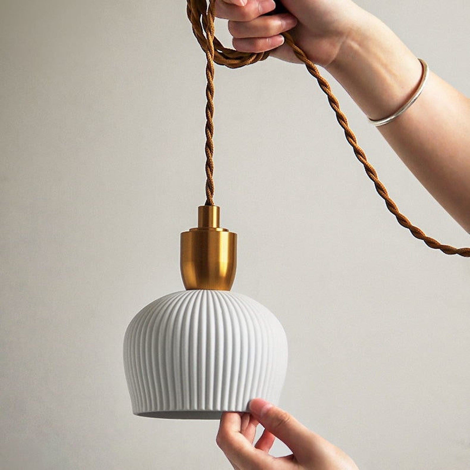 Nordic Pleated Ceramic Brass Cocoon Pendant Light -Homdiy