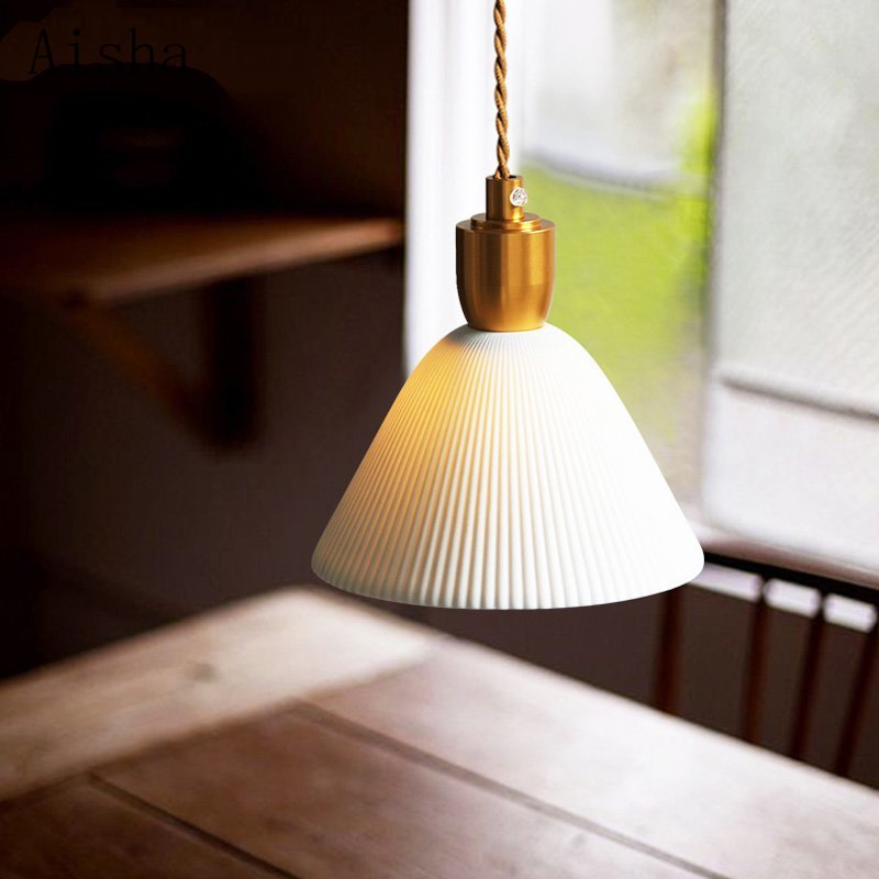 Nordic Pleated Ceramic Brass Cocoon Pendant Light -Homdiy